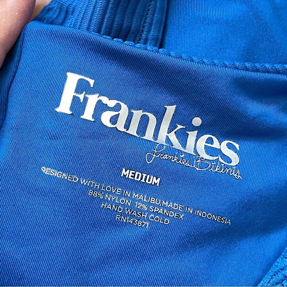 Frankies Bikinis Swimsuit high neck cutout knot cheeky womens Blue (medium)